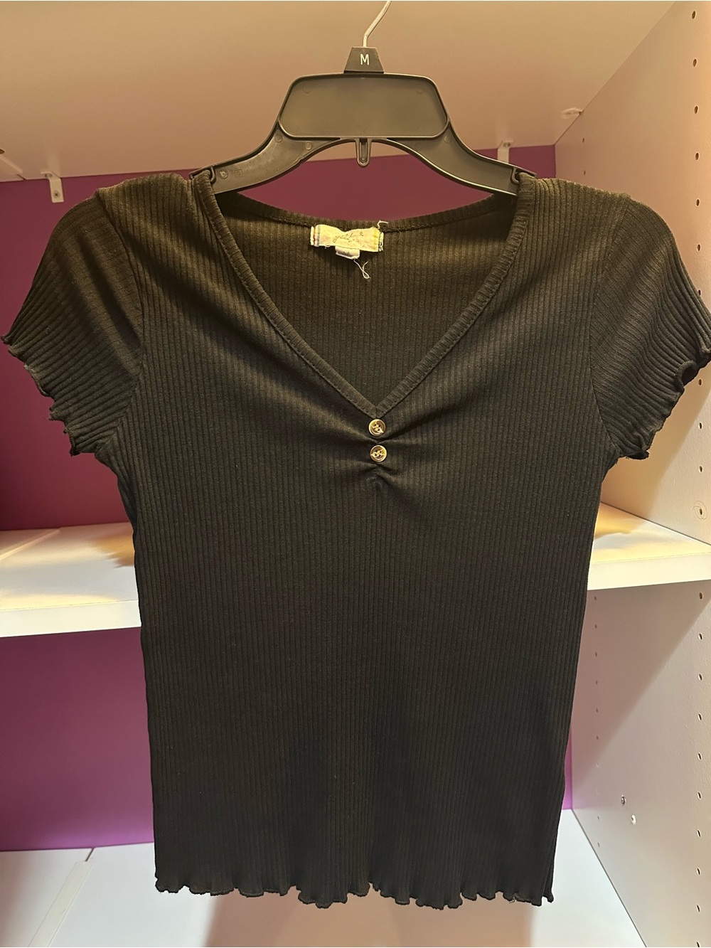 Glitz Black Ribbed V-Neck Short Sleeve Top with Button Detail